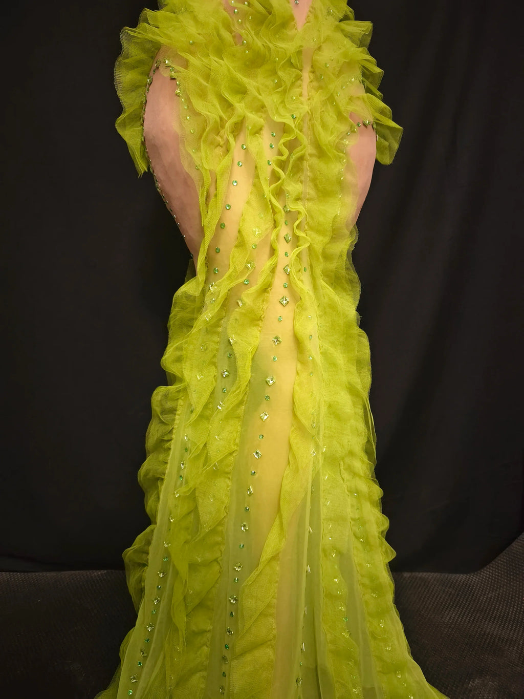 Middlesex Elegant Sparkly Green Rhinestones Mesh Sheer Ruffle Maxi Dress