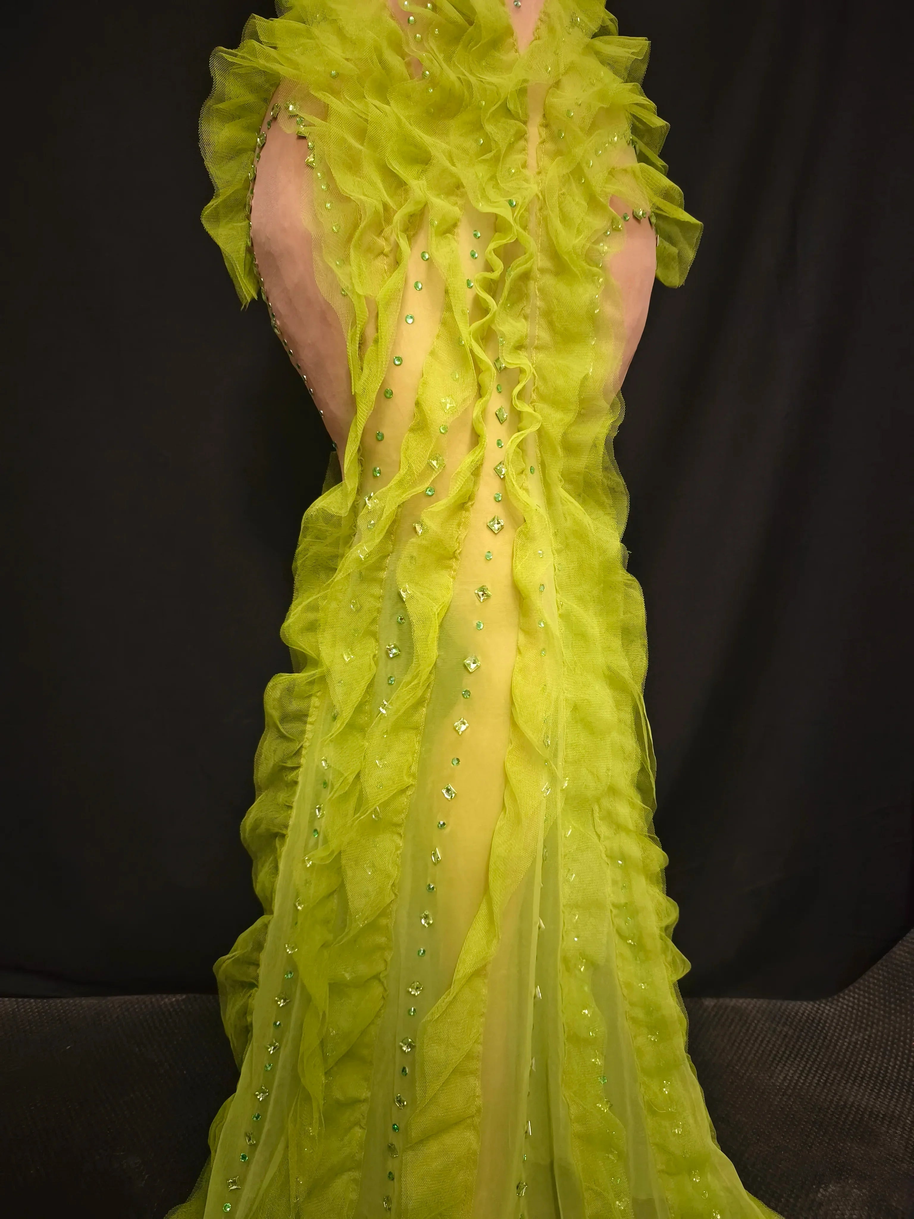 Middlesex Elegant Sparkly Green Rhinestones Mesh Sheer Ruffle Maxi Dress