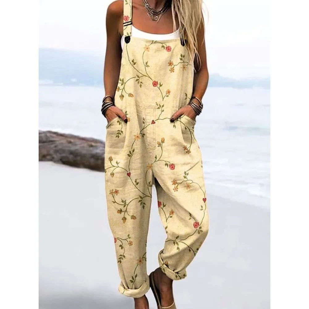 Summer Floral Romper Overalls Breathable & Comfortable Women's Jumpsuit with Pockets Adjustable Straps Romper for Streetwear