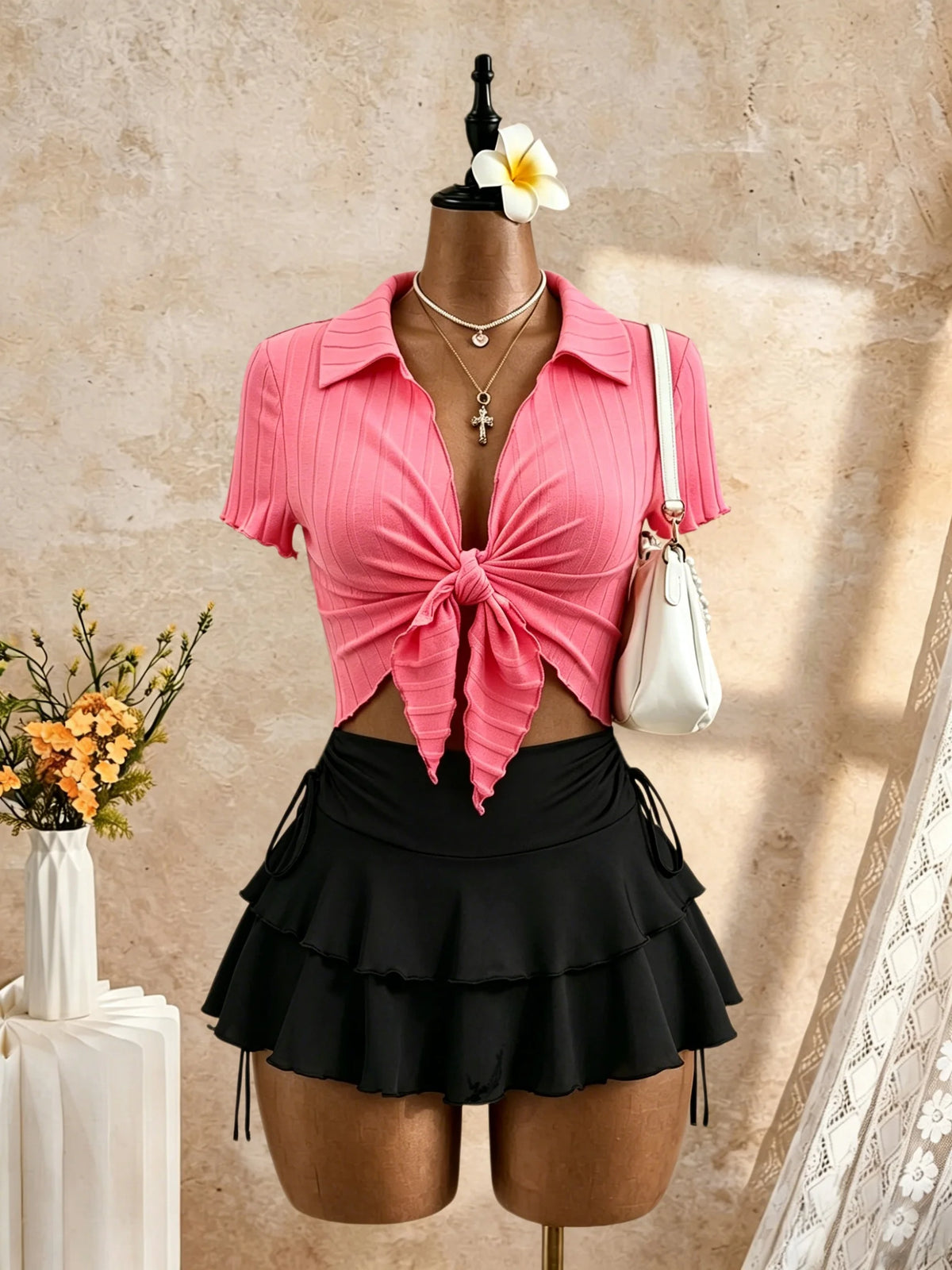 Adriana Ribbed Polo Collar Front Tie Two Piece Sets