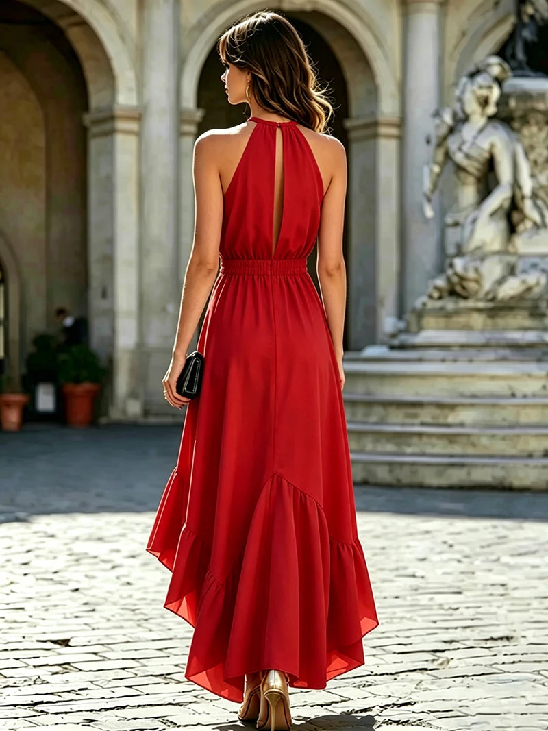 Long Sleeveless with Ruffle Neckline And Side Slit Polyester Material Midi Length Dress