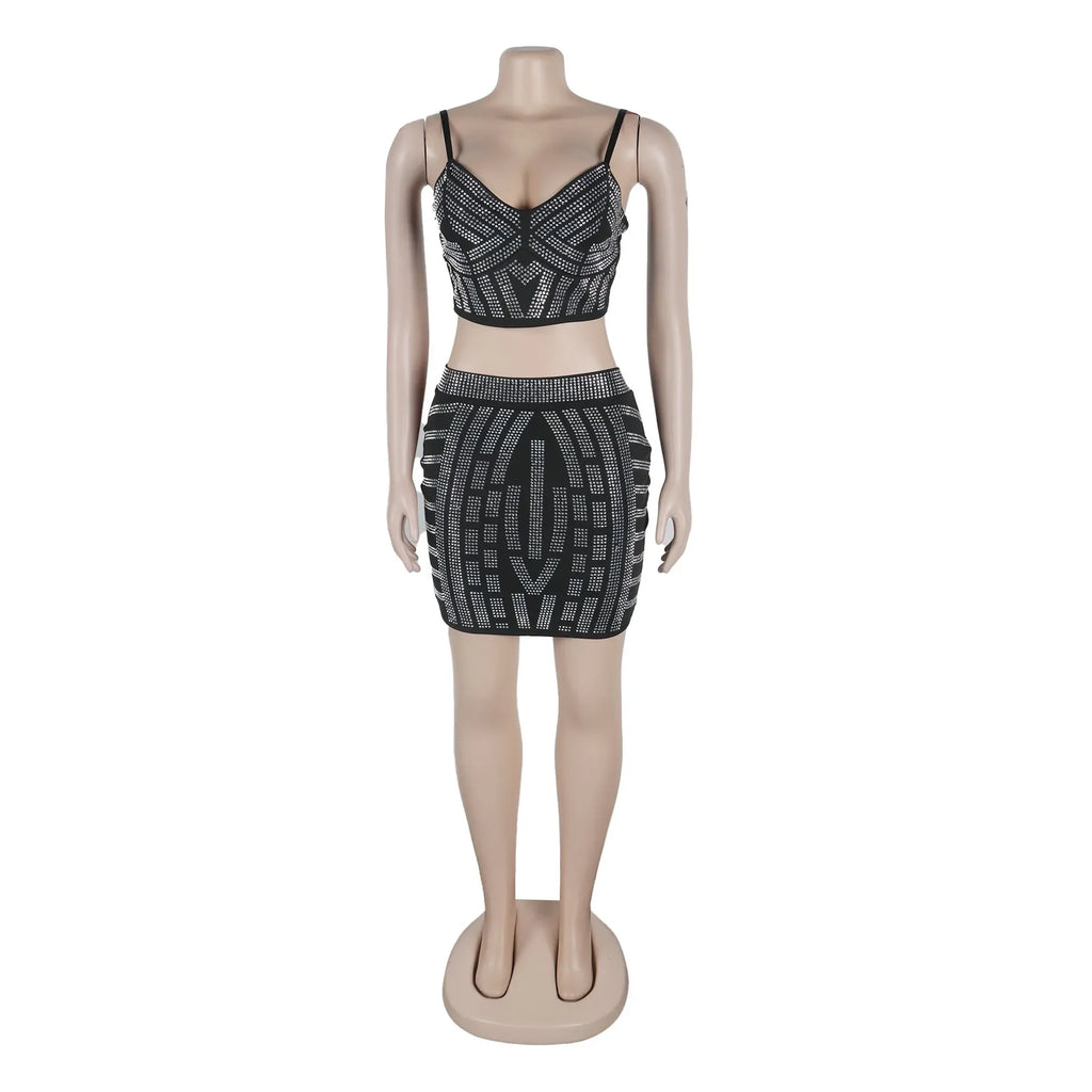 Quogue Black Rhinestone Crop Outfits Night Clubwear Matching Set