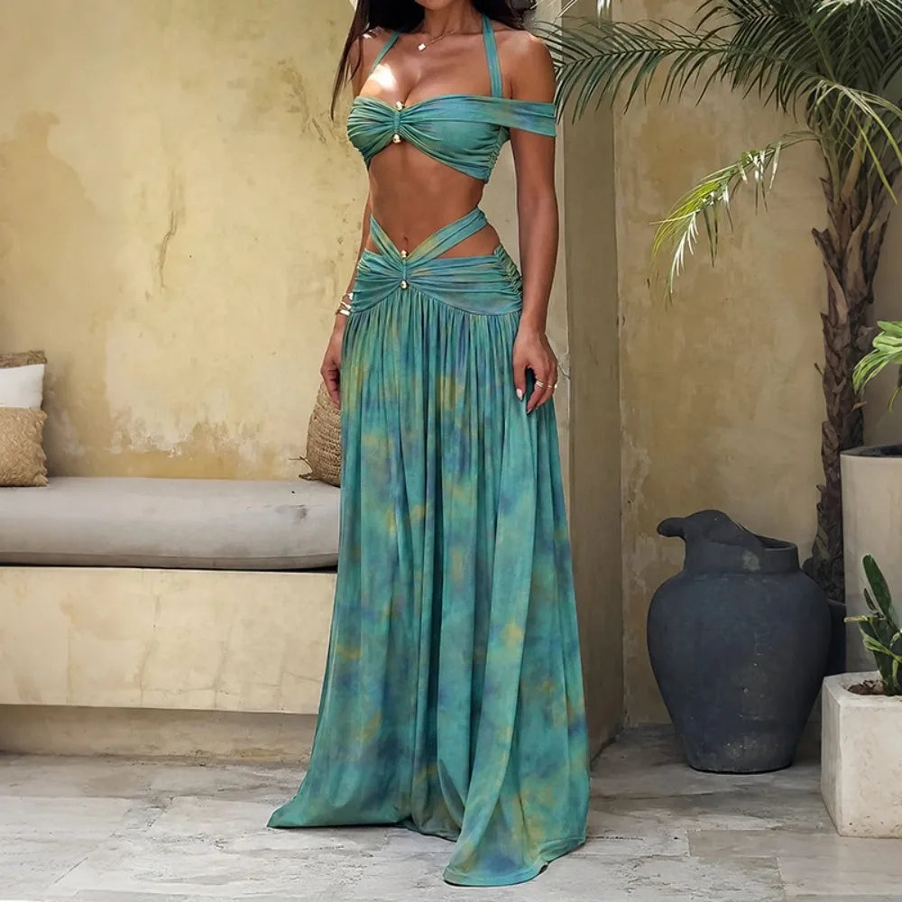 Katia Halter Bandage Hollow Out Ruched Two Piece Sets