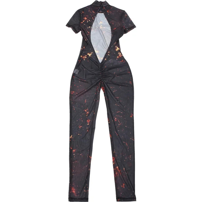 Auburn Hollow Out Playsuits Female Nightout Fashion Mesh Thin Sheer Jumpsuits