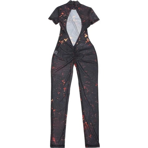 Auburn Hollow Out Playsuits Female Nightout Fashion Mesh Thin Sheer Jumpsuits