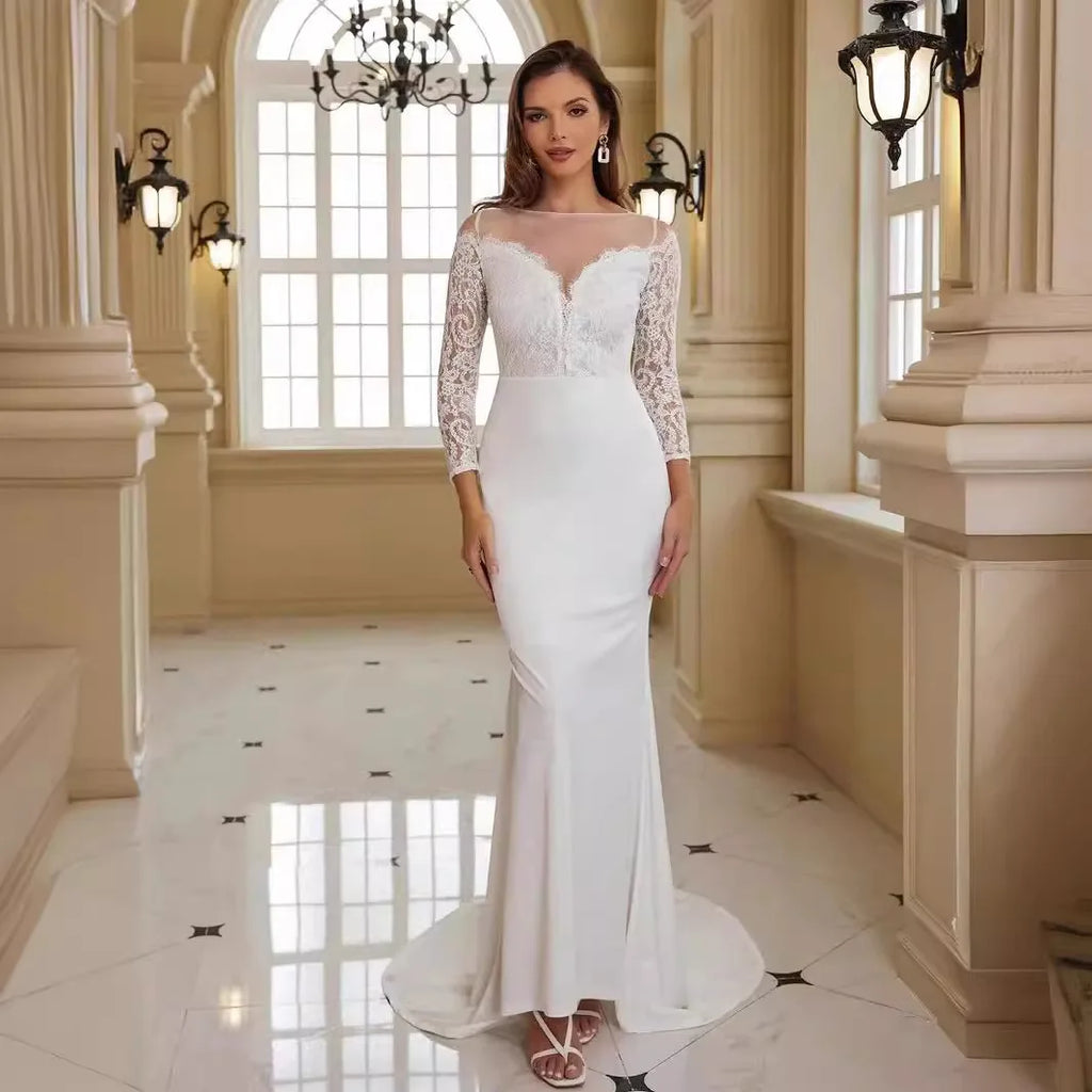 Georgia Plus Size Long Sleeve Lace Train White Wedding Banquet Gown