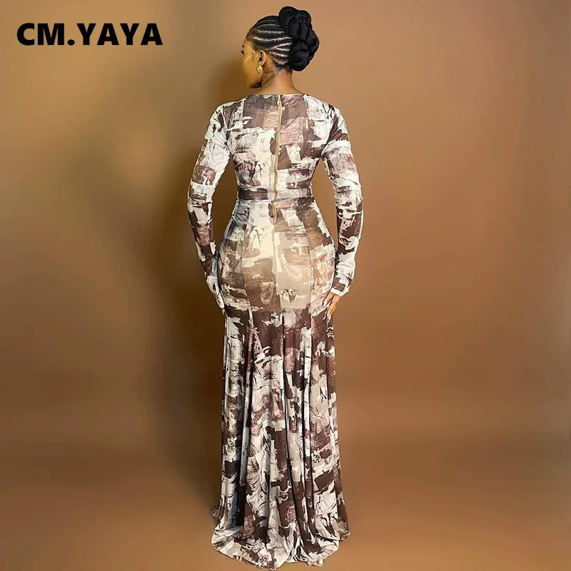 Quintana Roo Printed Ruched Long Sleeve Cutout Maxi Long Dress