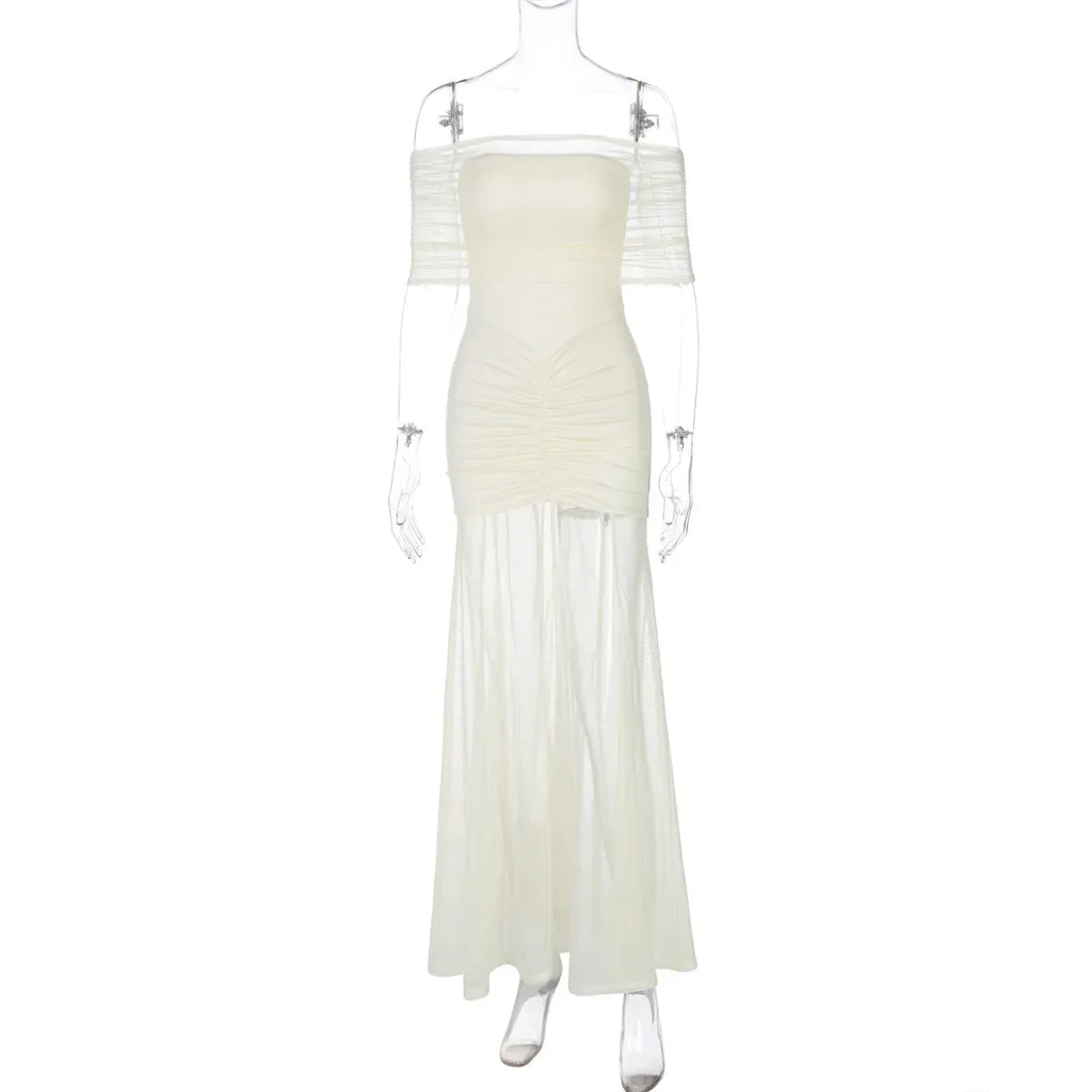 Cowen Off Shoulder Mesh Apricot See Through Ruched Dress