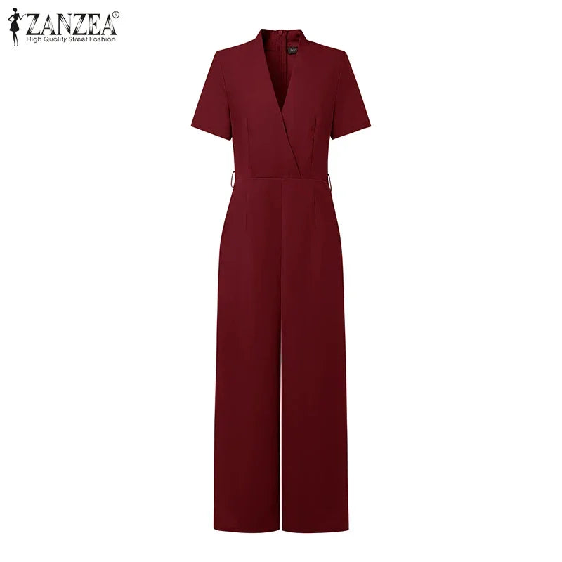 Weirton High Waist Jumpsuits Workwear Belt Rompers Solid Deep V Neck Elegant Overalls