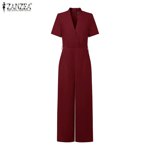 Weirton High Waist Jumpsuits Workwear Belt Rompers Solid Deep V Neck Elegant Overalls