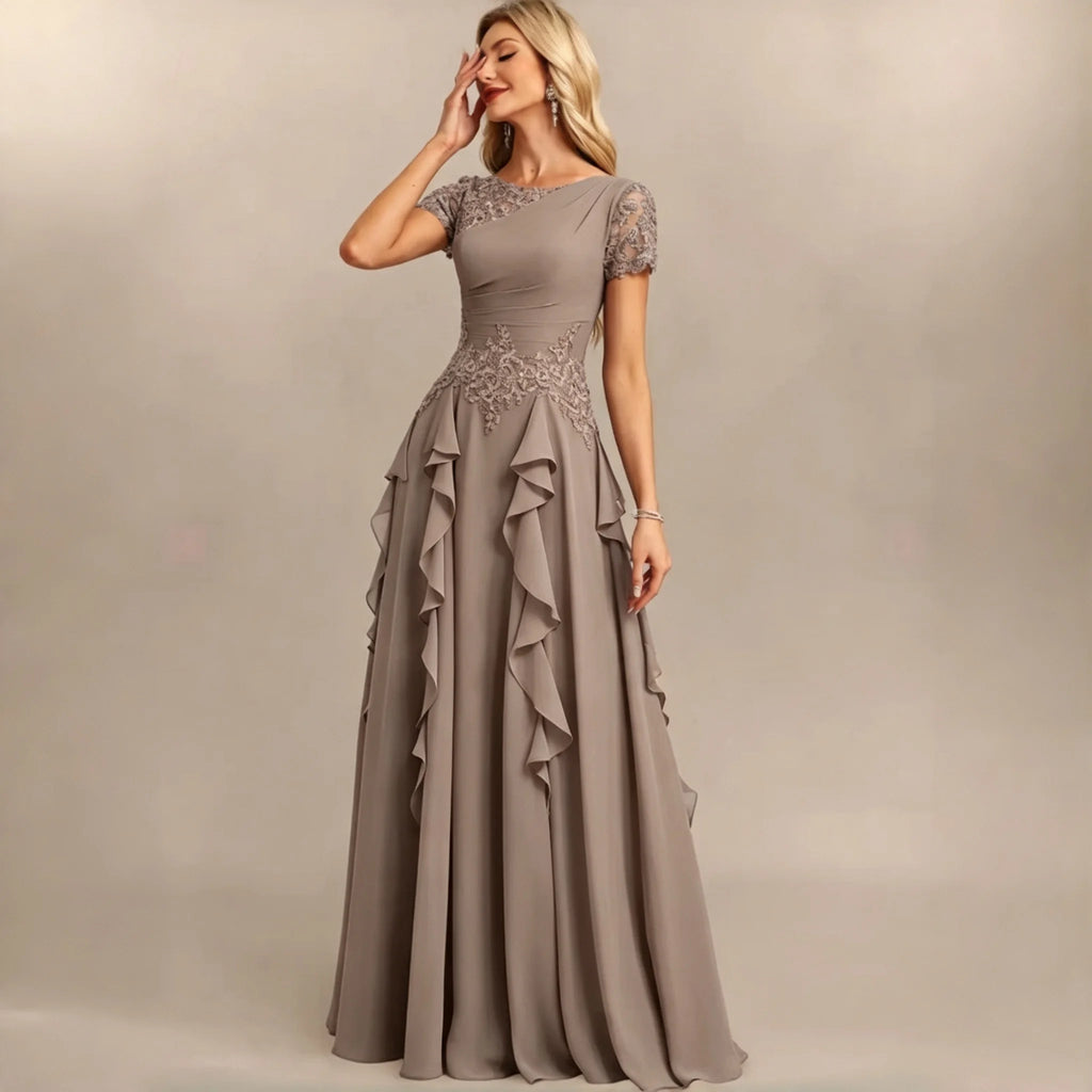 Dumbo Asymmetrical Neck Chiffon Bridesmaid Lace Sleeve Ruched Waist Cascading Dress