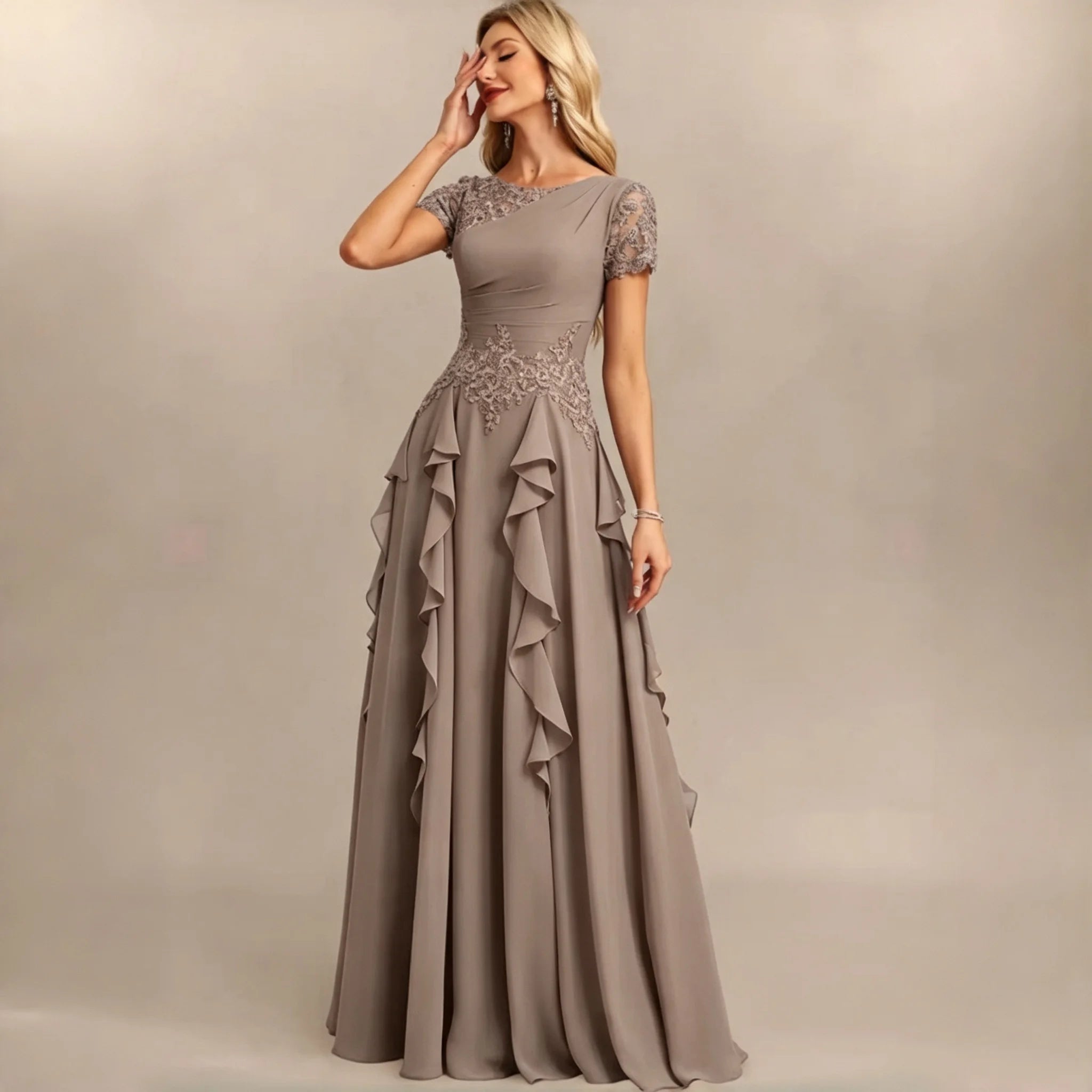 Dumbo Asymmetrical Neck Chiffon Bridesmaid Lace Sleeve Ruched Waist Cascading Dress
