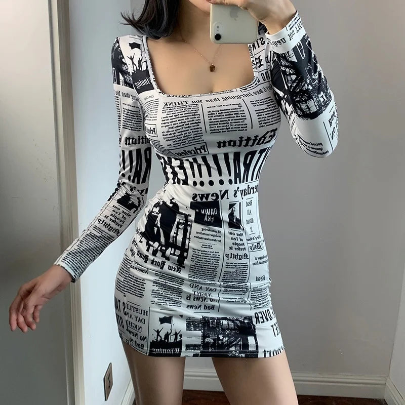 Amazonia Printed Newspaper Sexy New Fashion Street Shooting Slim Mini Dress