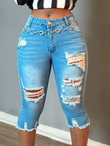 Stratmere Casual Ripped Capri Slim-Fit Stretchy Classic Raw Hem Denim