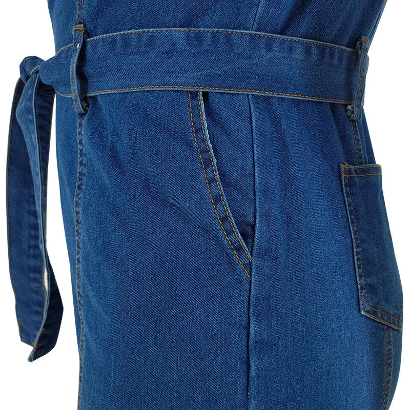 Plus Size Half Zipper Front Belted Jumpsuit Women New Streetwear Puff Sleeve Fashion Washed Jumpsuit