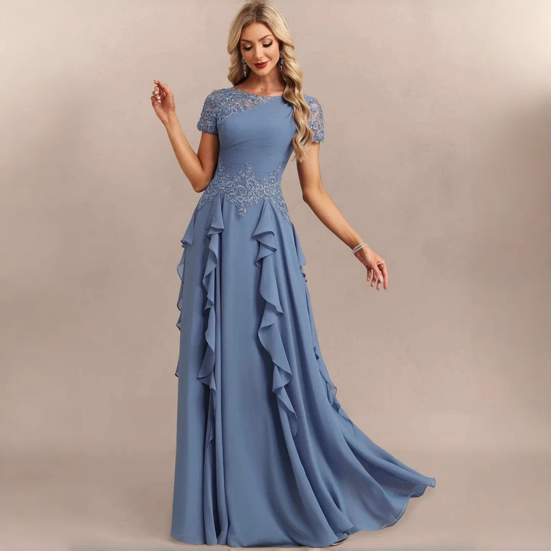 Dumbo Asymmetrical Neck Chiffon Bridesmaid Lace Sleeve Ruched Waist Cascading Dress