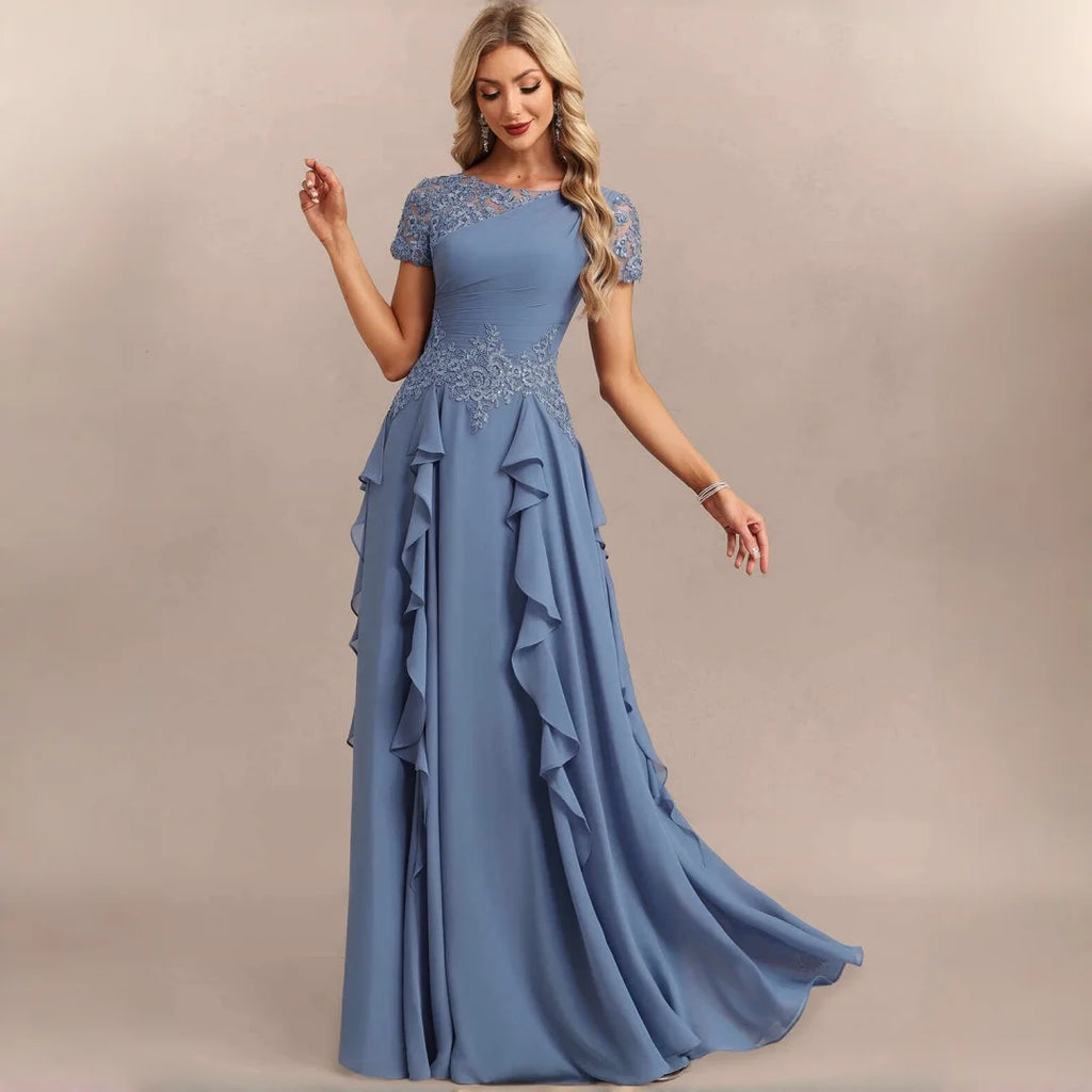 Dumbo Asymmetrical Neck Chiffon Bridesmaid Lace Sleeve Ruched Waist Cascading Dress