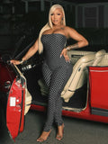 Cobble hill Polka Dot Print Strapless Skinny Midnight Tight Stretch Workout Activity Jumpsuit
