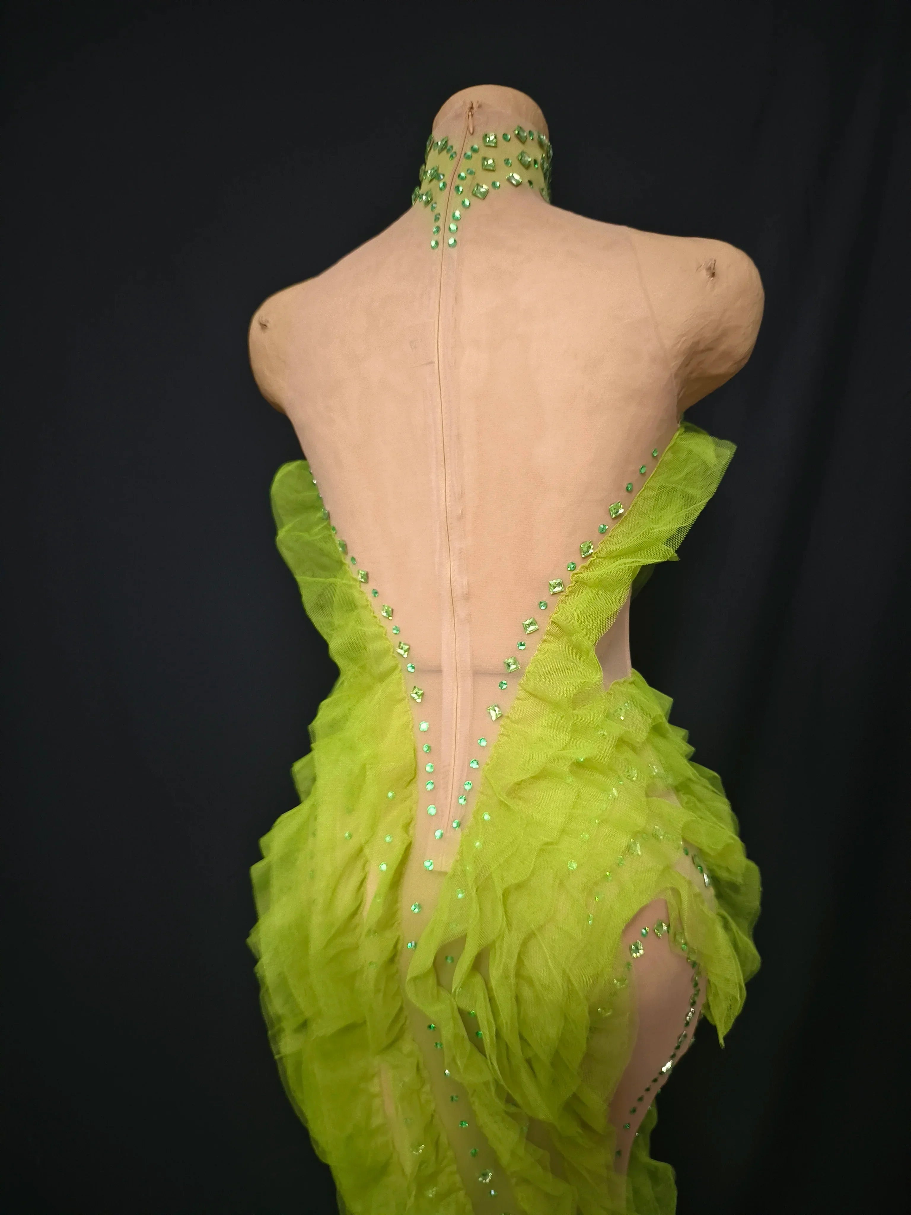 Middlesex Elegant Sparkly Green Rhinestones Mesh Sheer Ruffle Maxi Dress
