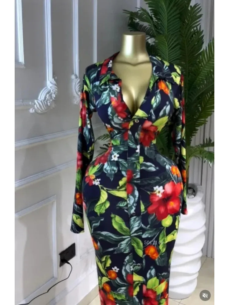 Full Sleeve Floral Print Bodycon Elegant Long Dress