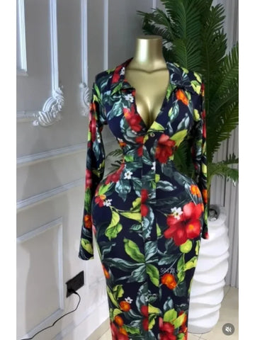 Full Sleeve Floral Print Bodycon Elegant Long Dress