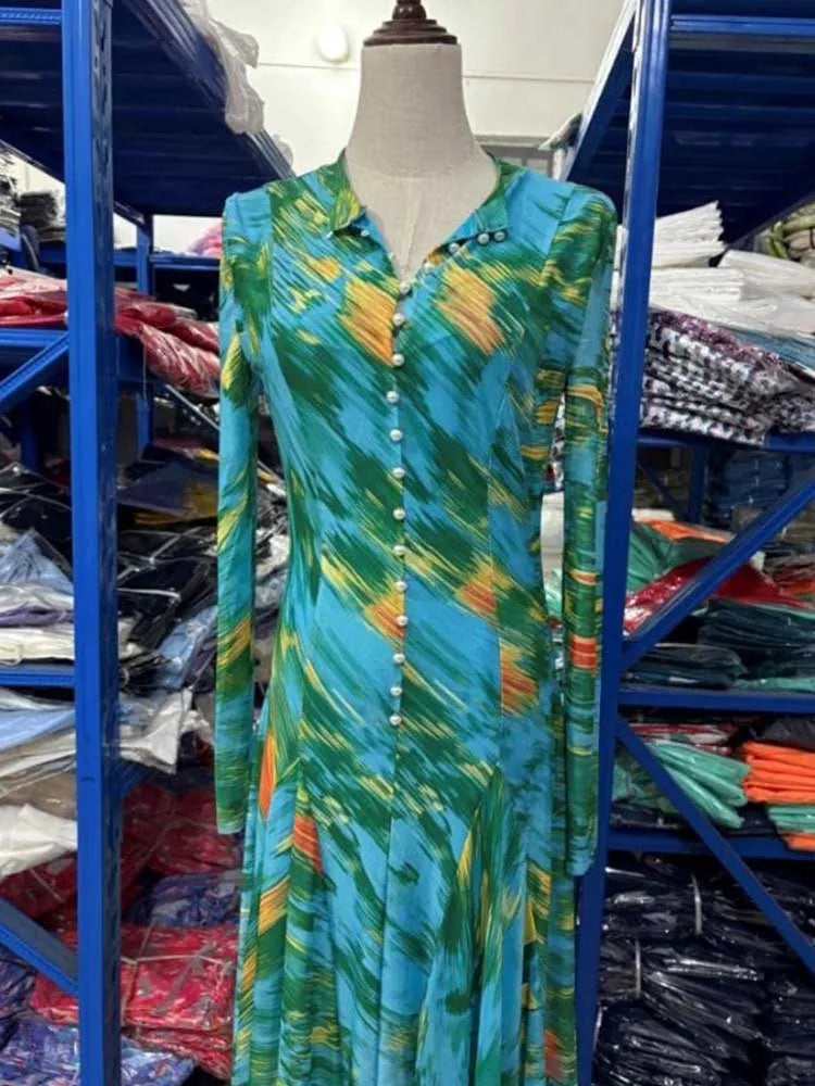 Curvy Women Round Neck Waist Slimming Floral Print Elegant Green Party Dress