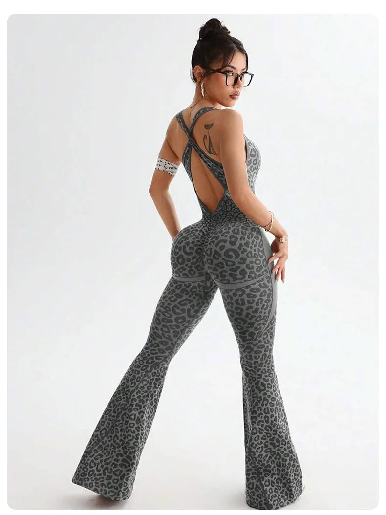 Reading Leopard Sportwear Sleeveless Backless Flare Jumpsuits