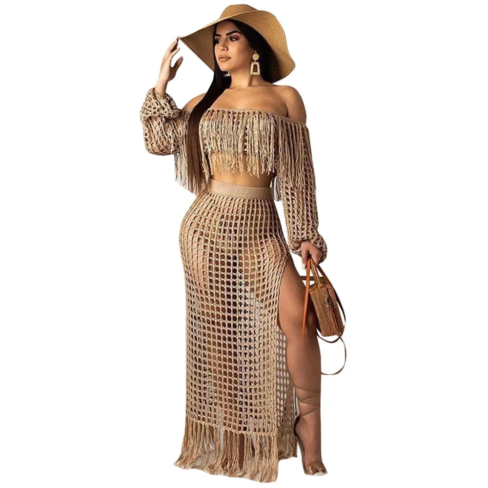 Off Shoulder Tassel Hollow Out Beach Set