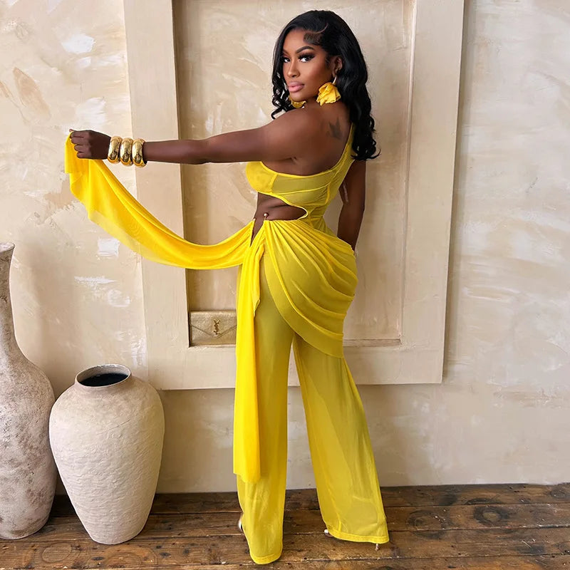 Alabama Mesh See Through One Shoulder Cutout Waist Jumpsuit Draped Overlay
