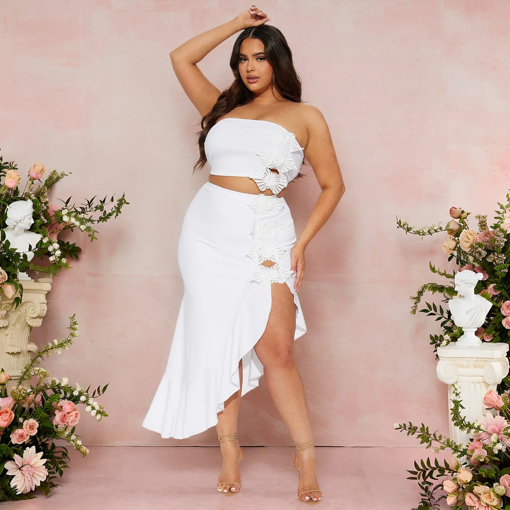 Manchester Strapless Crop and Ruffles Split Midi Maxi Long Two Piece Set