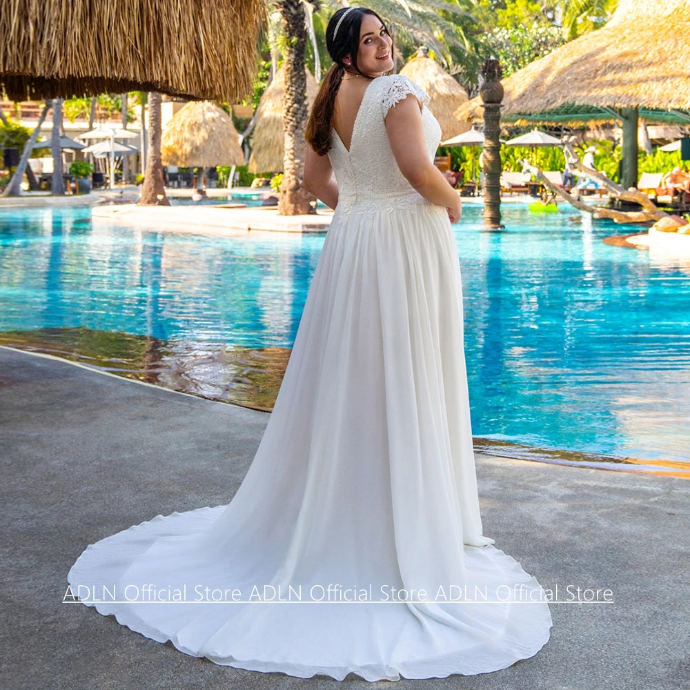La Verda Plus Size Wedding Sexy Cap Sleeve V Neck Lace Sweep Train Split Dresses