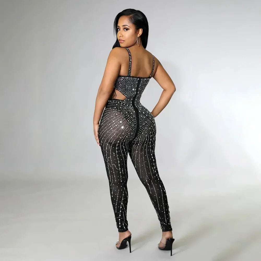Gramercy Park Fashion Sexy Mesh Perspective Hot Drill Sleeveless Halter Jumpsuit