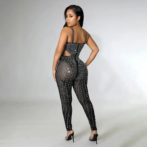 Gramercy Park Fashion Sexy Mesh Perspective Hot Drill Sleeveless Halter Jumpsuit