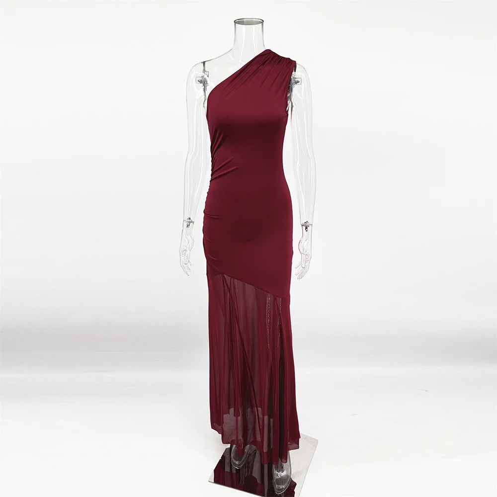 Helmetta Off Shoulder See Through Solid High Waist Patchwork Backless Slim Long Dress