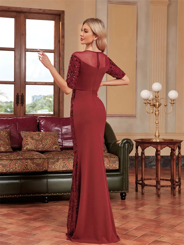 Alpha Luxury O Neck Tulle Formal Evening Shortsleeve Sequin Maxi Cocktail Dress