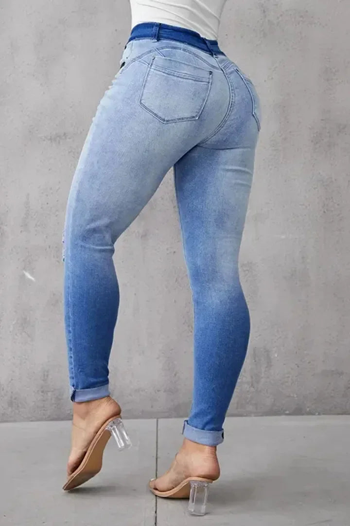Albany Elastic Slimming, Hip-lifting High-waisted Gradient Casual Ripped Skinny Jeans