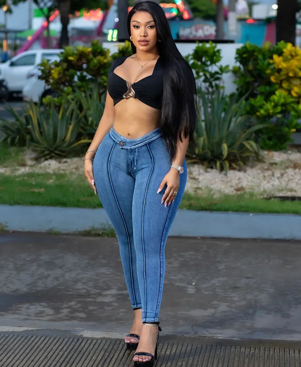 Emerson High Waist Slim Fit Washed Blue Stretchy Slimming Street Style Fashion Casual Pants