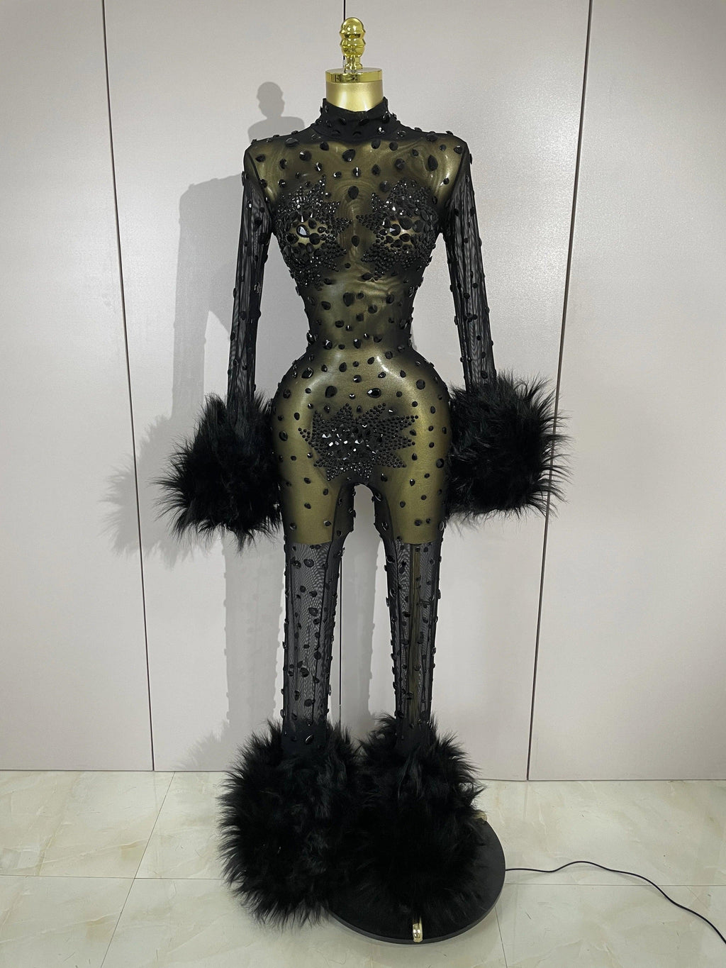 Binghamton Diamond Black Mesh Transparent Stretchy Long Sleeve Jumpsuit
