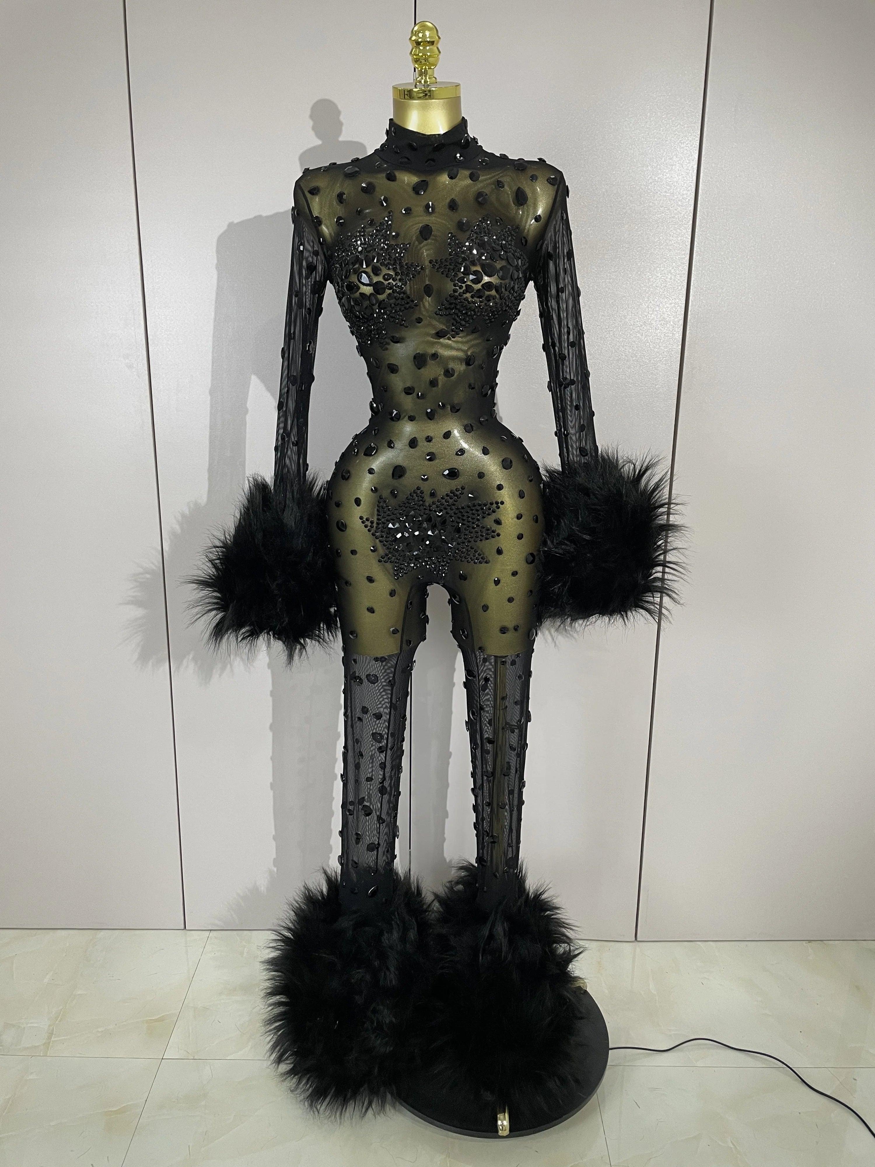 Binghamton Diamond Black Mesh Transparent Stretchy Long Sleeve Jumpsuit