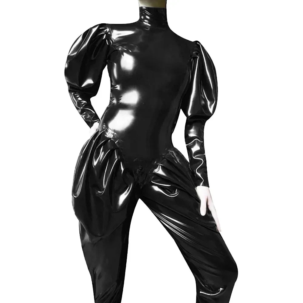 Sleeves Jumpsuit Sexy Zipper Open Crotch Catsuit Party High Neck Wetlook Rompers Female
