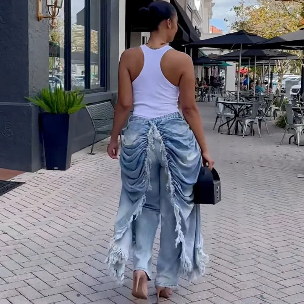 Absecon Ruched Frayed Trim Casual Contrast High Street Vintage Casual Asymmetric Denim