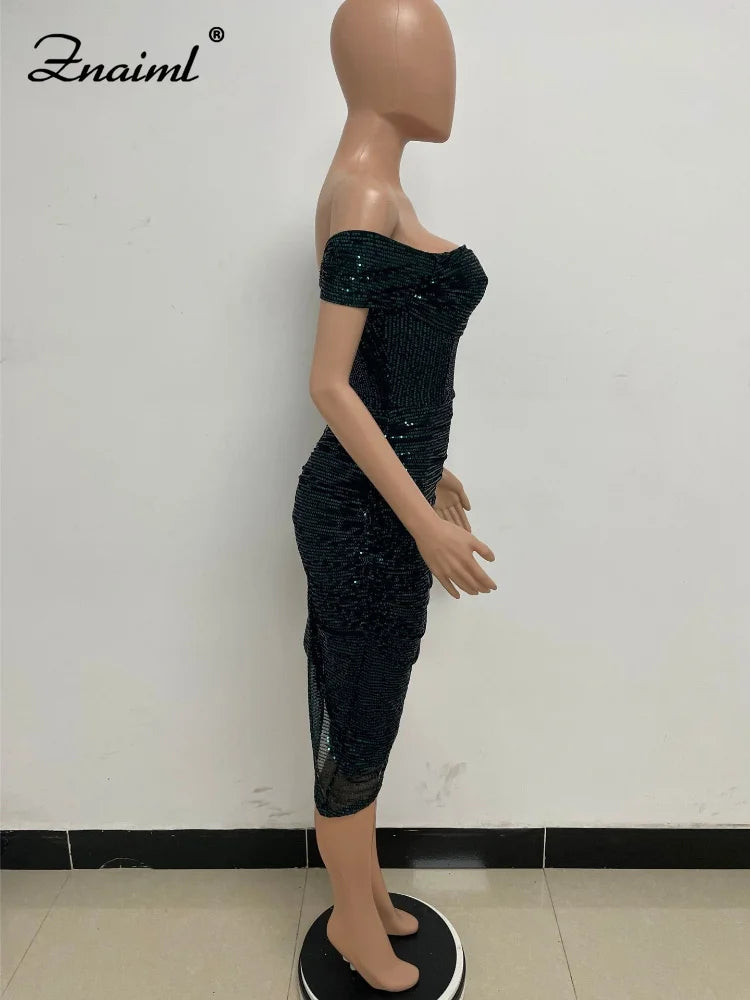 Virginia One Shoulder Bodycon Sparkly High Slit Midi Dresses
