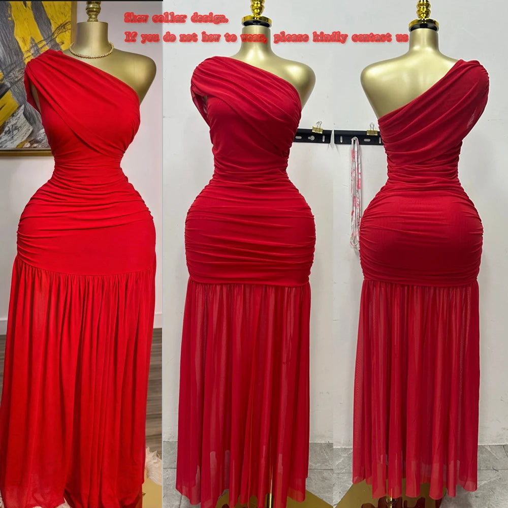 Elegant Skew Neck One Sleeve Off Shoulder Mesh Slit Long Maxi Dresses