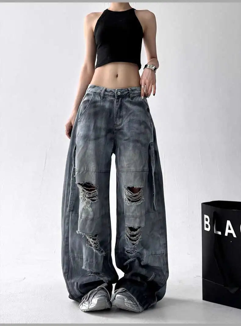 Jeans American High Street Ripped Straight Wide-Leg Jeans For Women Design