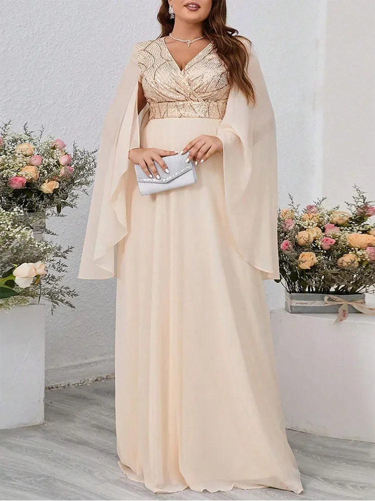 Athena Plus Size V Neck  Sequin Loose Long Ruffled Chiffon Maxi Dress