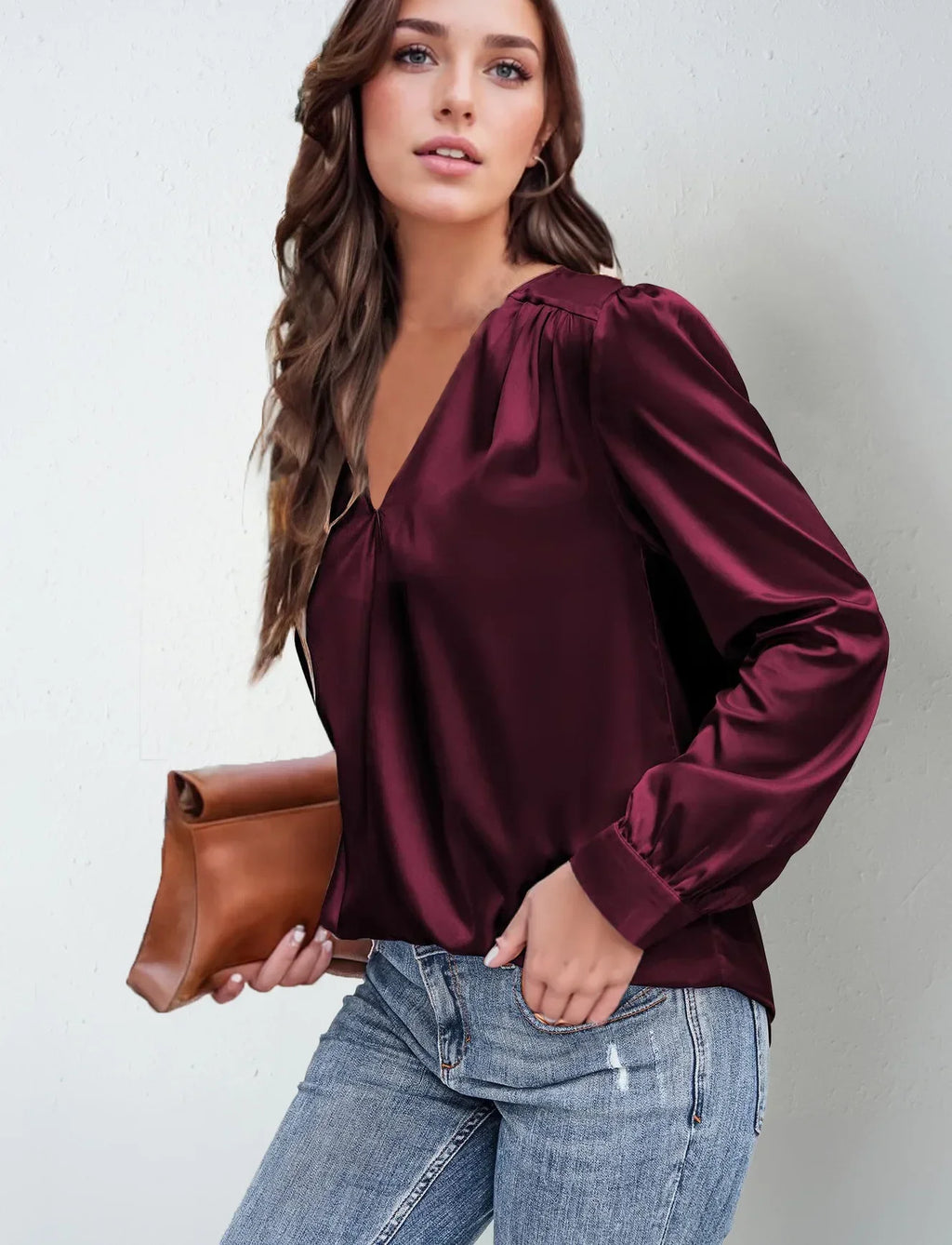 Elmer Solid Color V-Neck Long Sleeve Office Loose Elegant Blouse