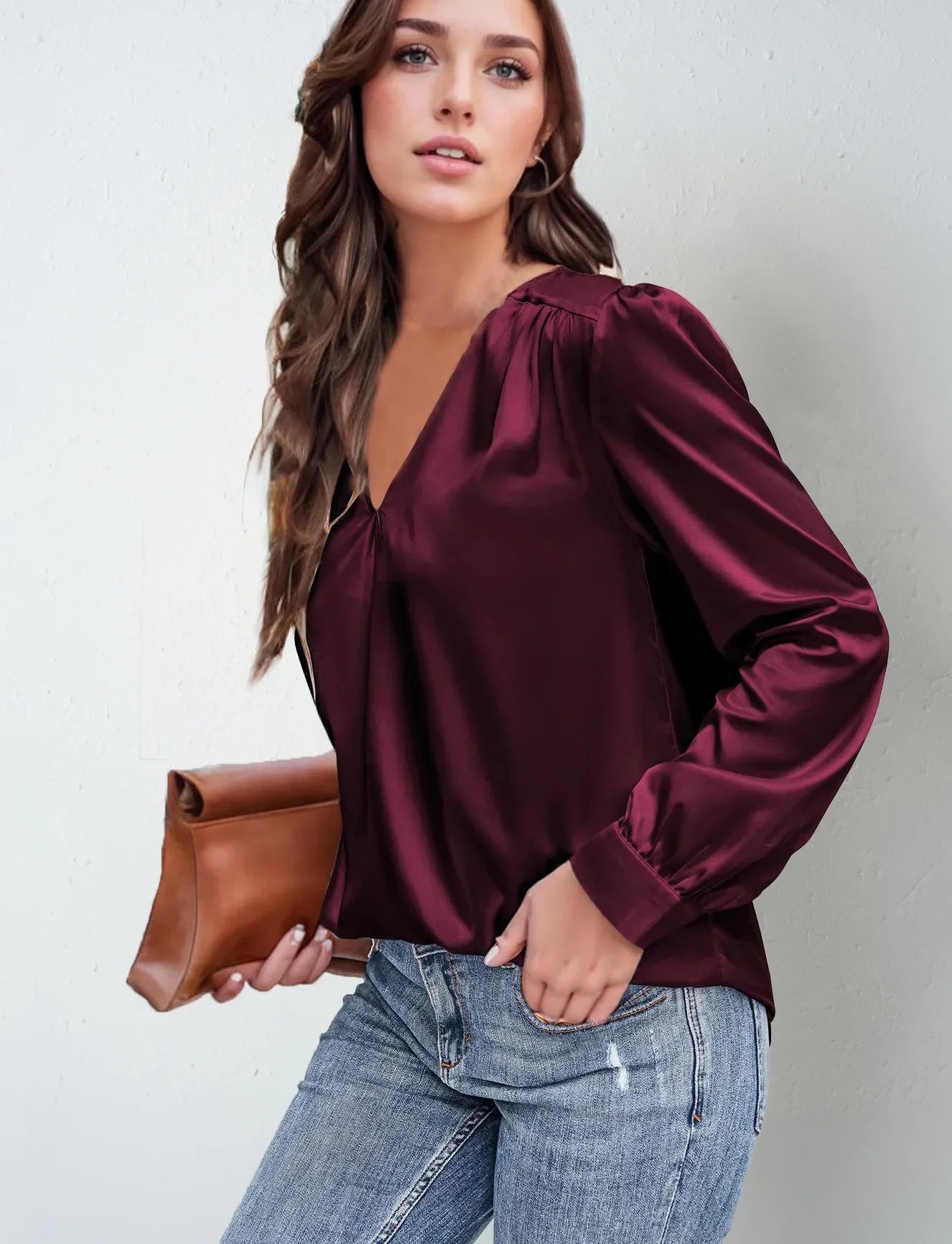 Elmer Solid Color V-Neck Long Sleeve Office Loose Elegant Blouse