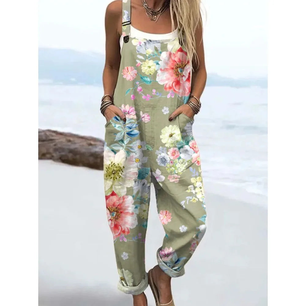 Summer Floral Romper Overalls Breathable & Comfortable Women's Jumpsuit with Pockets Adjustable Straps Romper for Streetwear