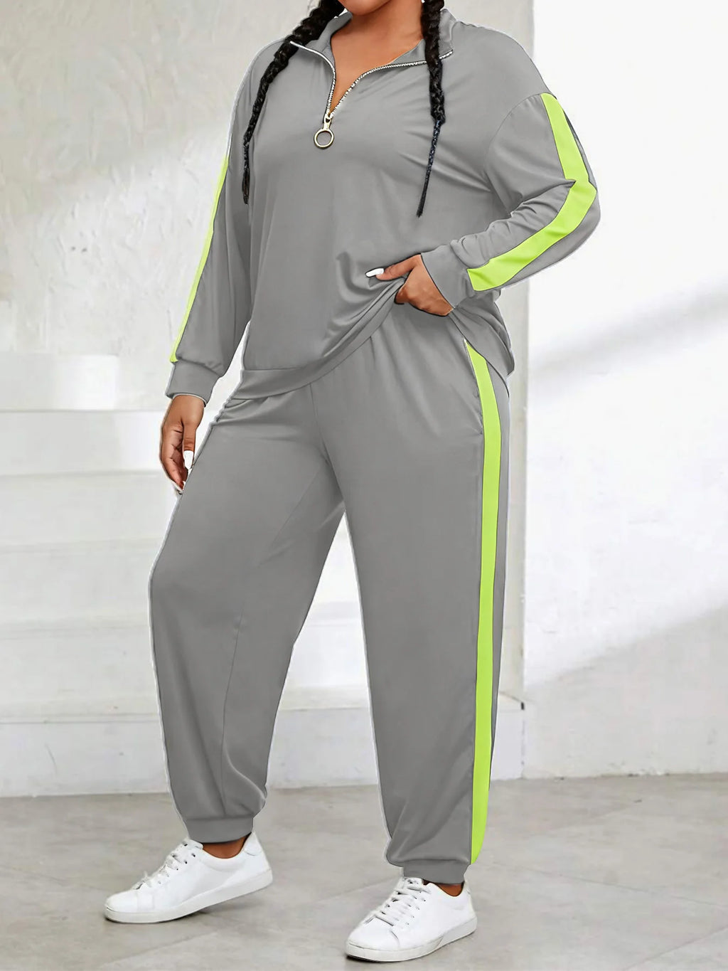 Jackie Plus Size Color Block Zip Front Two Piece Sets
