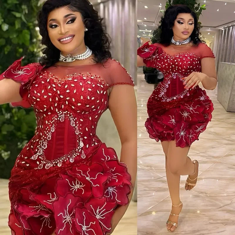 Plus Size Cocktail Appliqued Beaded Sequined Lace Gowns Customized Mini Dress